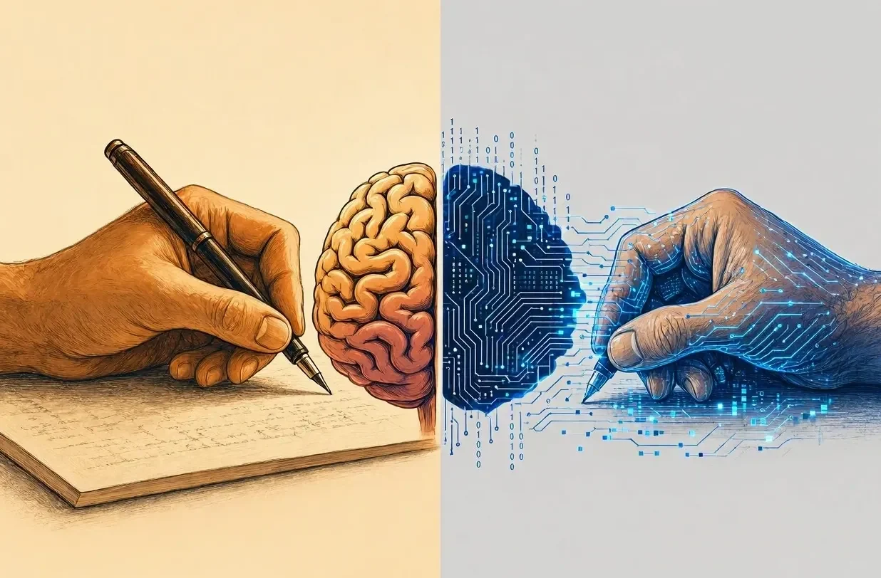 Mano humana escribiendo frente a una mano robótica y un cerebro
