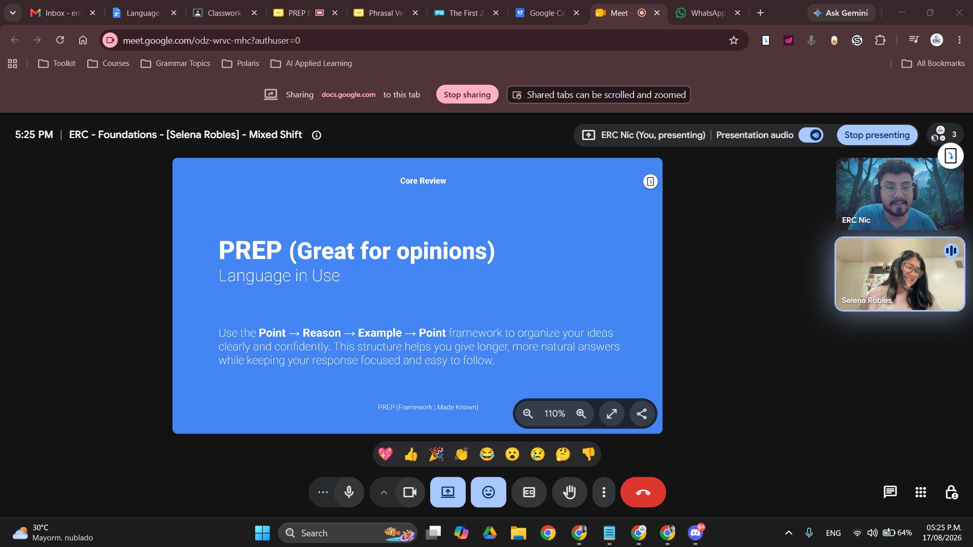 Clase online con una actividad PREP y una estudiante participando.
