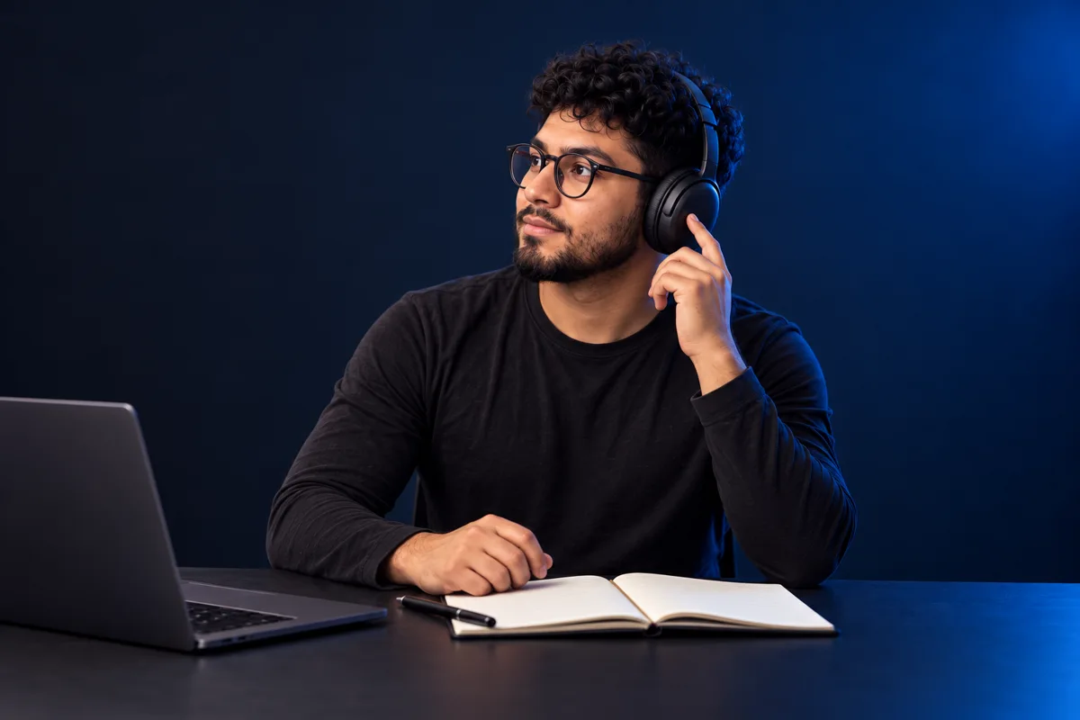 Ilustración de práctica auditiva con auriculares
