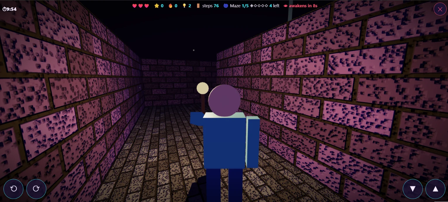 Vista del juego Slang Labyrinth: personaje explorando el laberinto 3D
